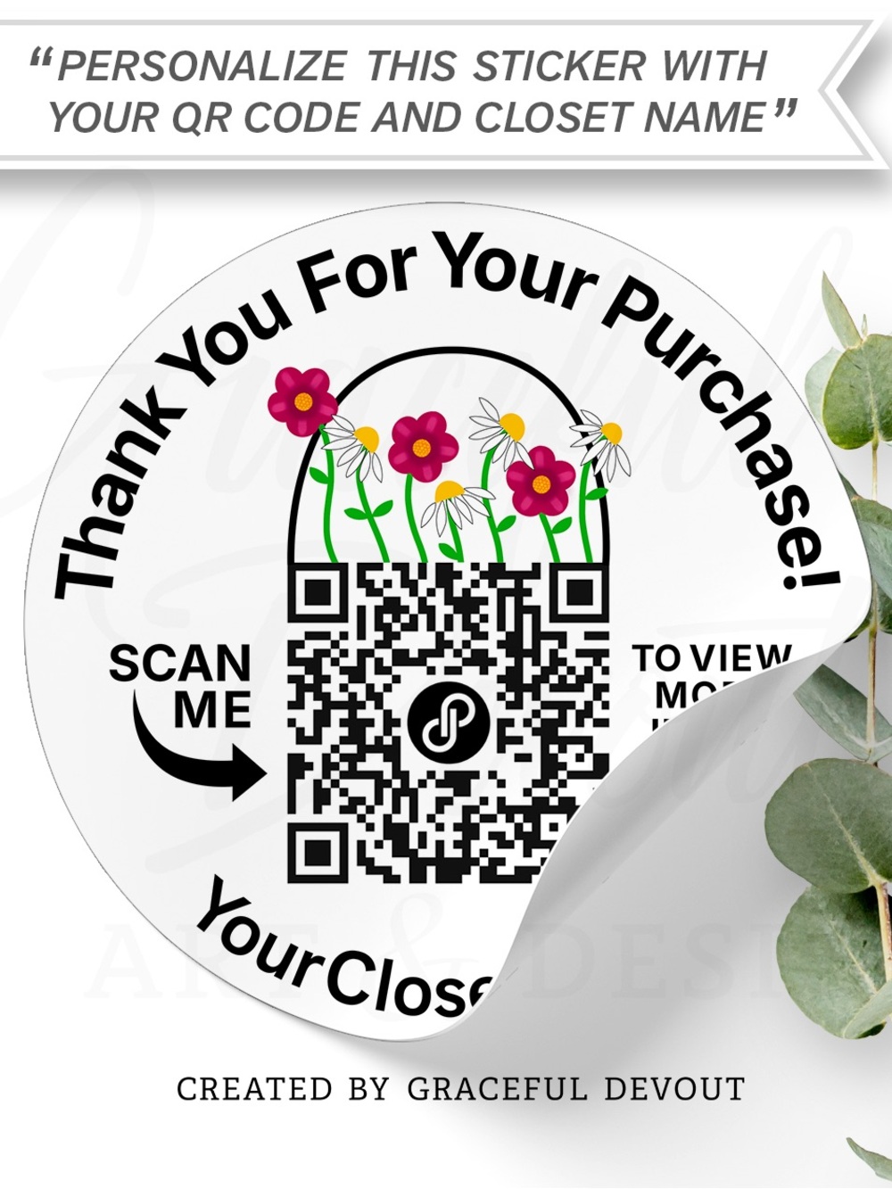 Thank You For Your Purchase, QR Code w/ Closet Name - Floral Purse - 2” Stickers